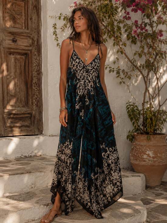 Kathmandu Imports Pants - Kathmandu Imports Boho Handkerchief Hem Tie Strap Maxi Romper Festival OS